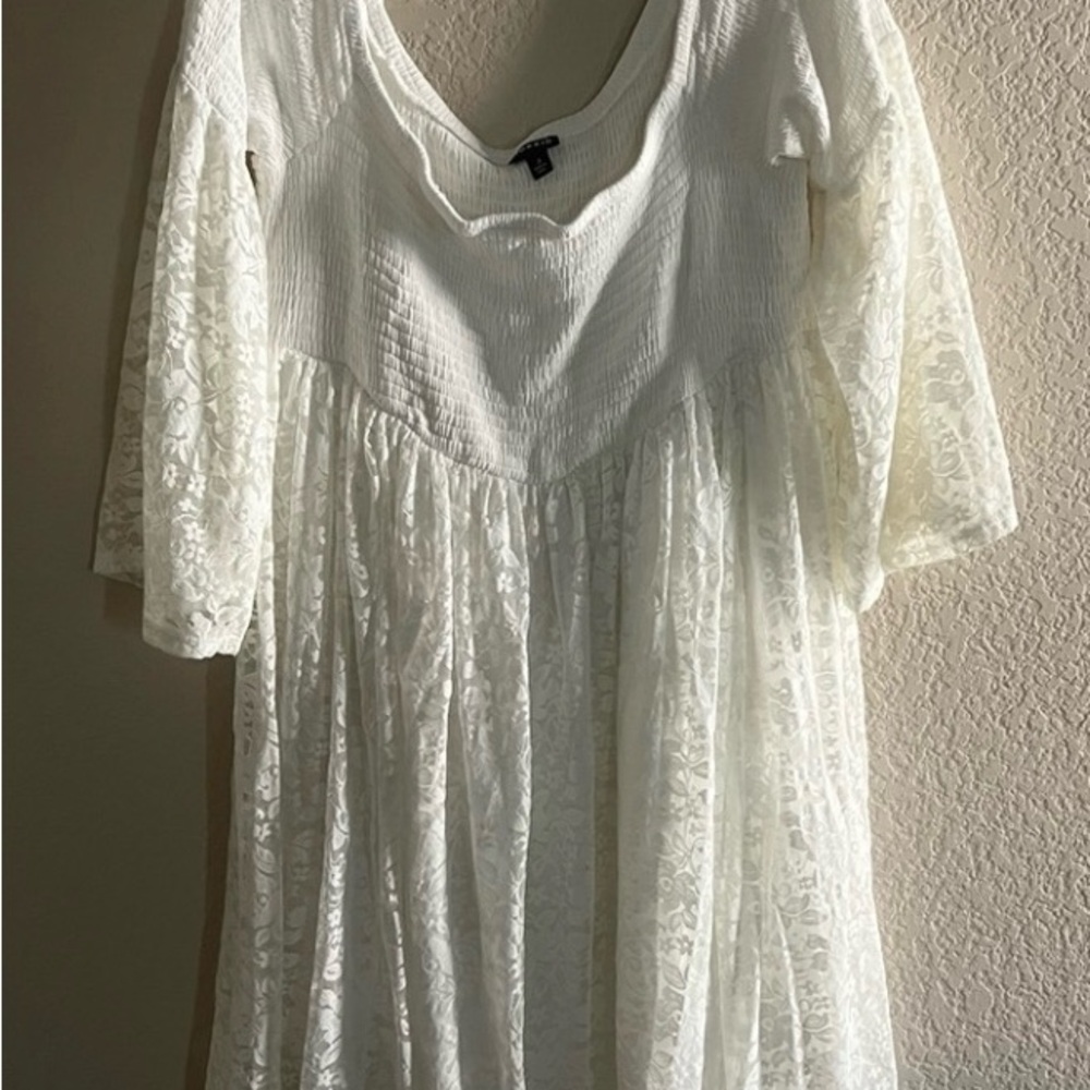 NWOT TORRID 3 CREAM OFF THE SHOULDER LACE BELL SLEEVES BABYDOLL SMOCKED DRESS - Picture 11 of 15